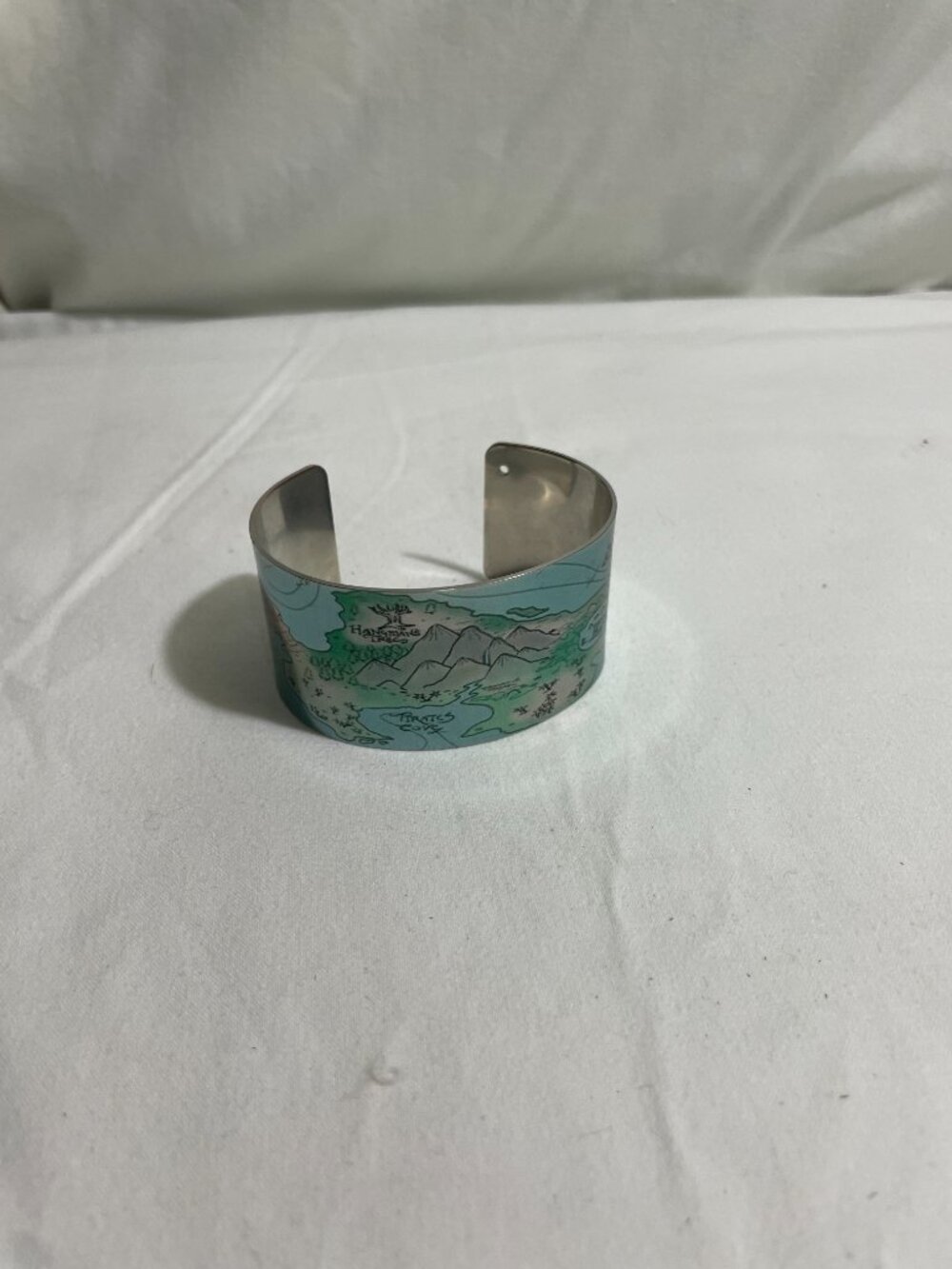 Disney Peter Pan Neverland Map Wide Cuff Bracelet Silver Tone Open Bangle
